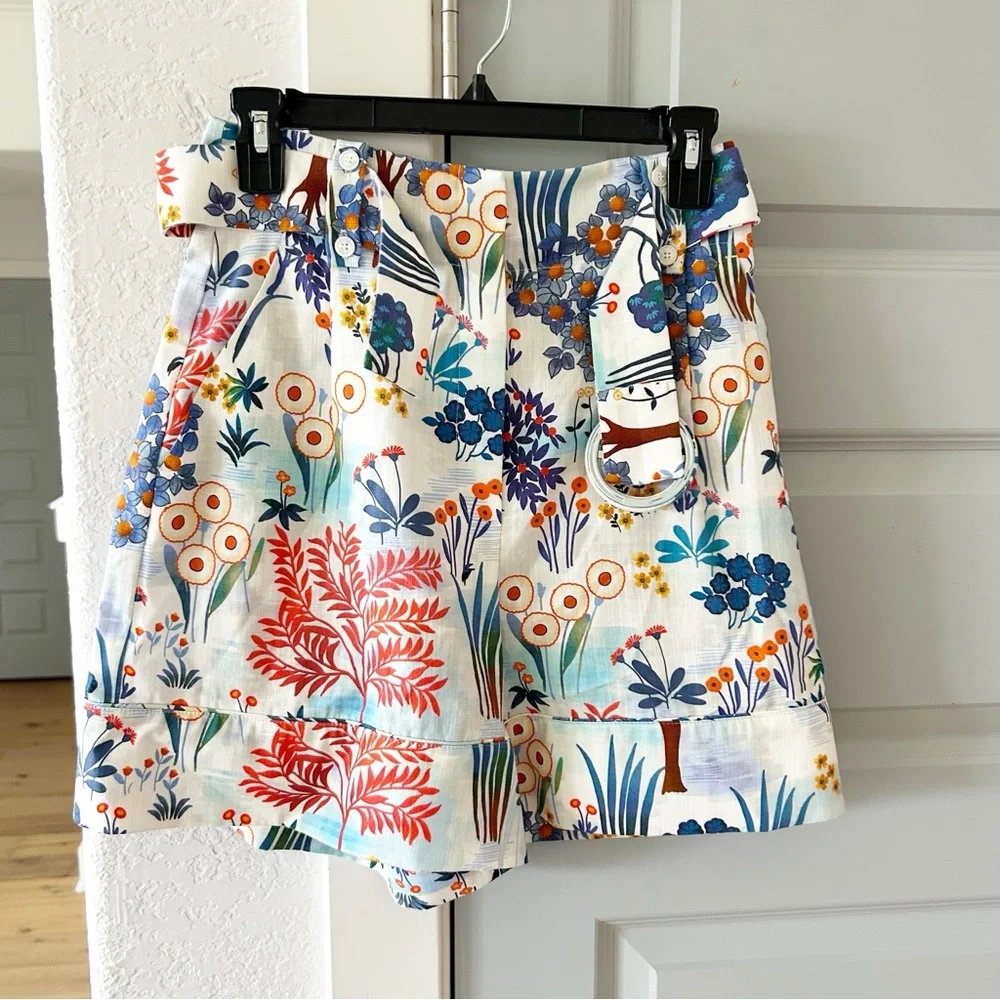 NWT Tara Jarmon Shelby Cotton Printed Floral Cuffed Belted High Waisted Shorts